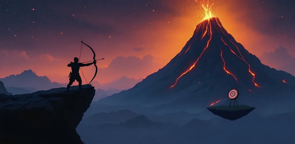 An archer draws a bow on a cliff edge, aiming across a night sky at a target floating beside an erupting volcano.